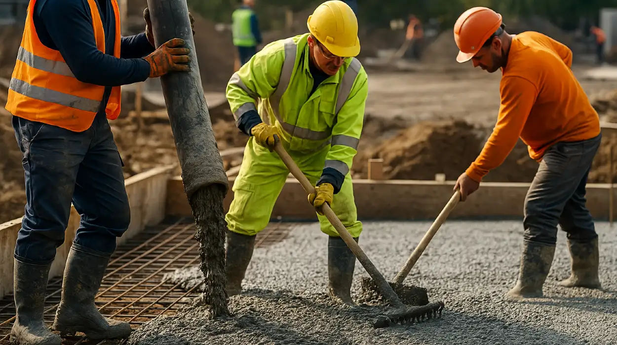 3 concrete contractors spreading concrete on the ground from Houston Concrete Contractor - Houston, TX 