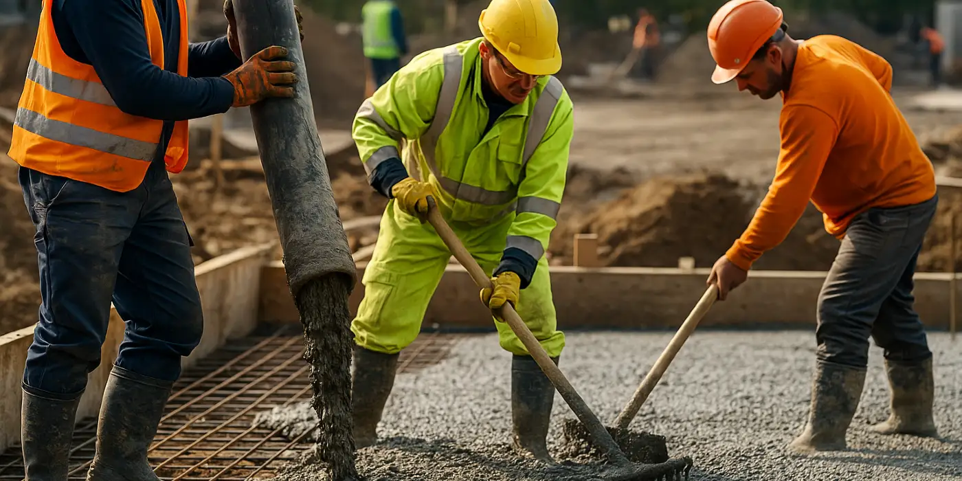 3 concrete contractors spreading concrete on the ground from Houston Concrete Contractor - Houston, TX 
