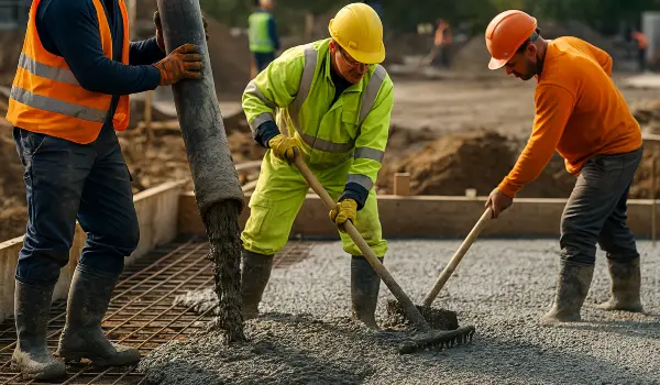 3 concrete contractors spreading concrete on the ground from Houston Concrete Contractor - Houston, TX  