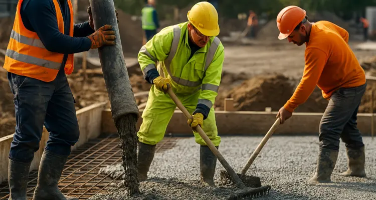 3 concrete contractors spreading concrete on the ground from Houston Concrete Contractor - Houston, TX 