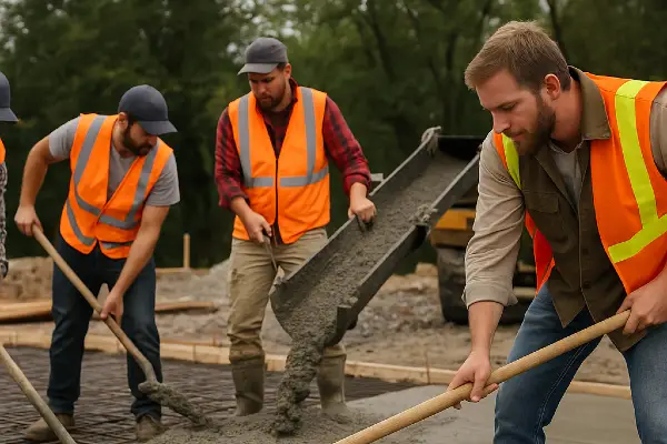 3 concrete workers pouring and spreading cement on the ground from Houston Concrete Contractor in Houston, TX - concrete contractor near me 3 concrete workers pouring and spreading cement on the ground from Houston Concrete Contractor in Houston, TX - concrete contractor near me