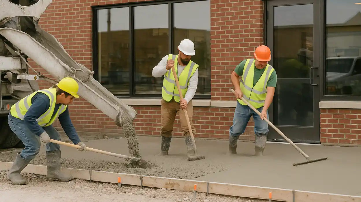 3 concrete contractors spreading concrete on the ground for a sidewalk from Houston Concrete Contractor in Houston, TX - Concrete Cutting