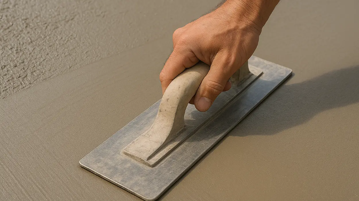 a hand trowel being used on a fresh cement slab to smooth it from Houston Concrete Contractor in Houston, TX - Concrete footings