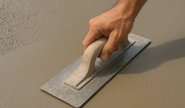 a hand trowel being used on a fresh cement slab to smooth it from Houston Concrete Contractor in Houston, TX - Concrete footings