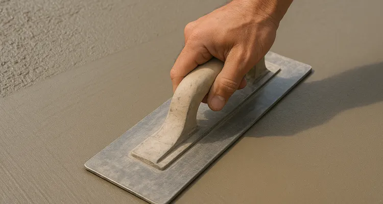 a hand trowel being used on a fresh cement slab to smooth it from Houston Concrete Contractor in Houston, TX - Concrete footings