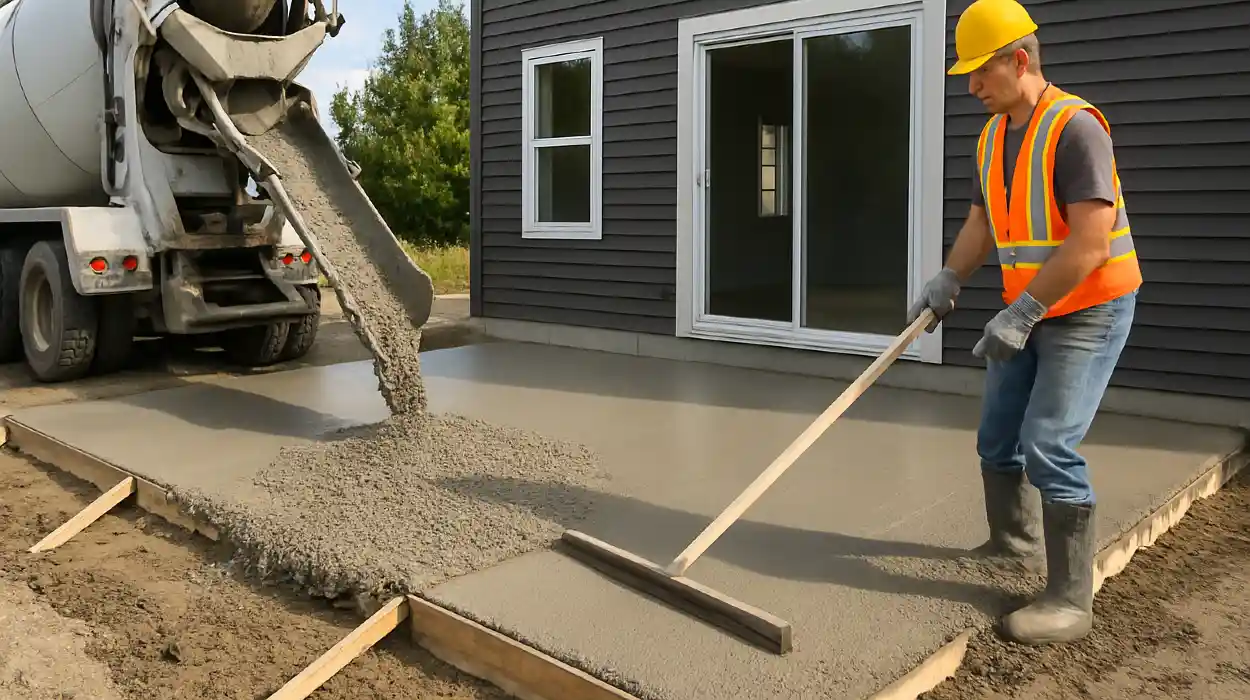 a man spreading the cement a truck is pouring to build a patio from Houston Concrete Contractor in Houston, TX - concrete parking lot building