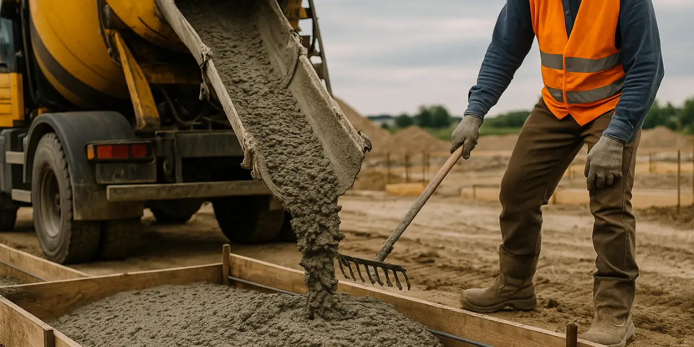 a concrete truck pouring cement on a concrete form from Houston Concrete Contractor in Houston, TX - concrete repair