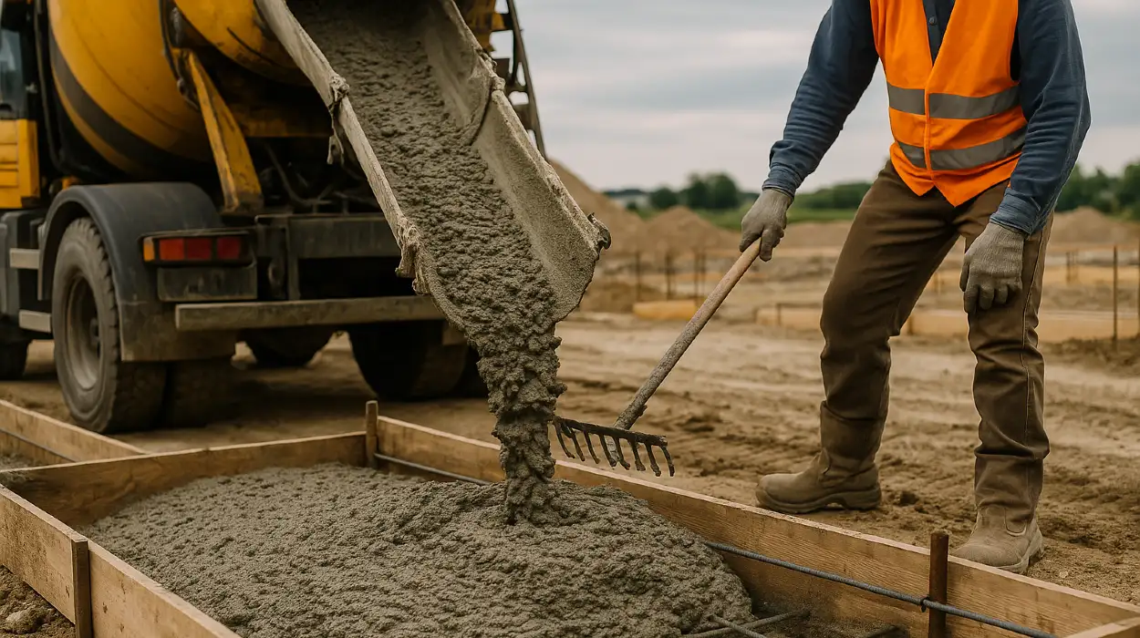 a concrete truck pouring cement on a concrete form from Houston Concrete Contractor in Houston, TX - Concrete Walkways
