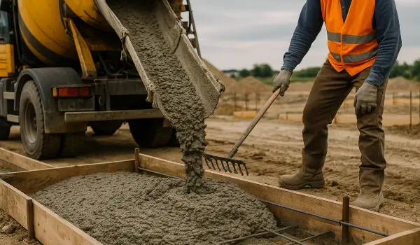a concrete truck pouring cement on a concrete form from Houston Concrete Contractor in Houston, TX - Concrete Walkways