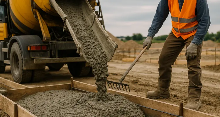 a concrete truck pouring cement on a concrete form from Houston Concrete Contractor in Houston, TX - Concrete Walkways