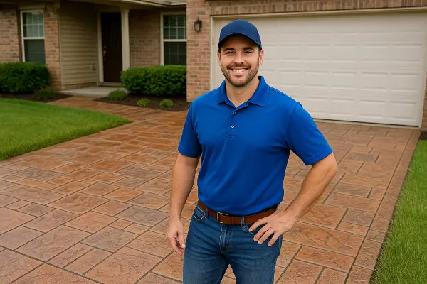 a concrete contractor smiling at the camera with stamped concrete behind him from Houston Concrete Contractor in Houston, TX - Concrete Walkways