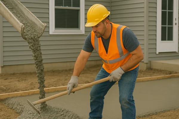 a man spreading the cement that a truck is pouring on the ground from Houston Concrete Contractor in Houston, TX - concrete work houston a man spreading the cement that a truck is pouring on the ground from Houston Concrete Contractor in Houston, TX - concrete work houston