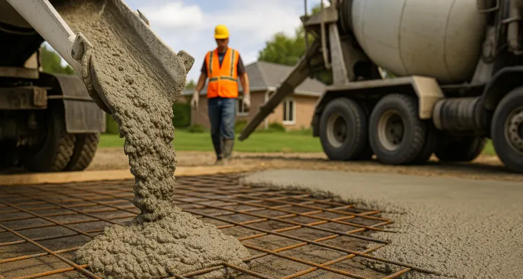 Cement truck pouring cement on a rebared ground from Houston Concrete Contractor in Houston, TX - contractor foundation repair