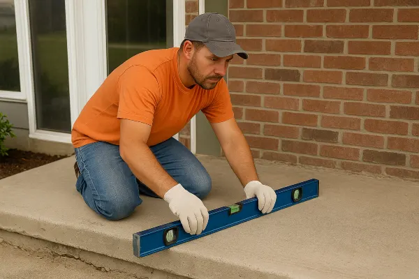a male worker leveling a concrete slab porch from Houston Concrete Contractor in Houston, TX - Houston driveway repair