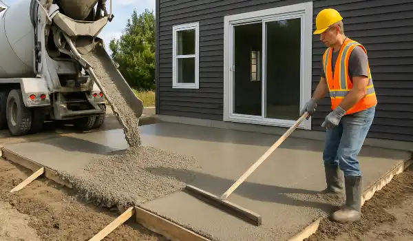 a man spreading the cement a truck is pouring to build a patio from Houston Concrete Contractor in Kingwood, TX - Kingwood TX
