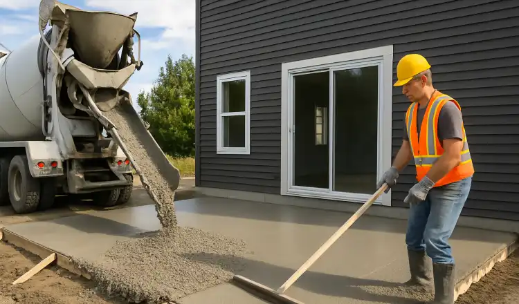 a man spreading the cement a truck is pouring to build a patio from Houston Concrete Contractor in Kingwood, TX - Kingwood TX