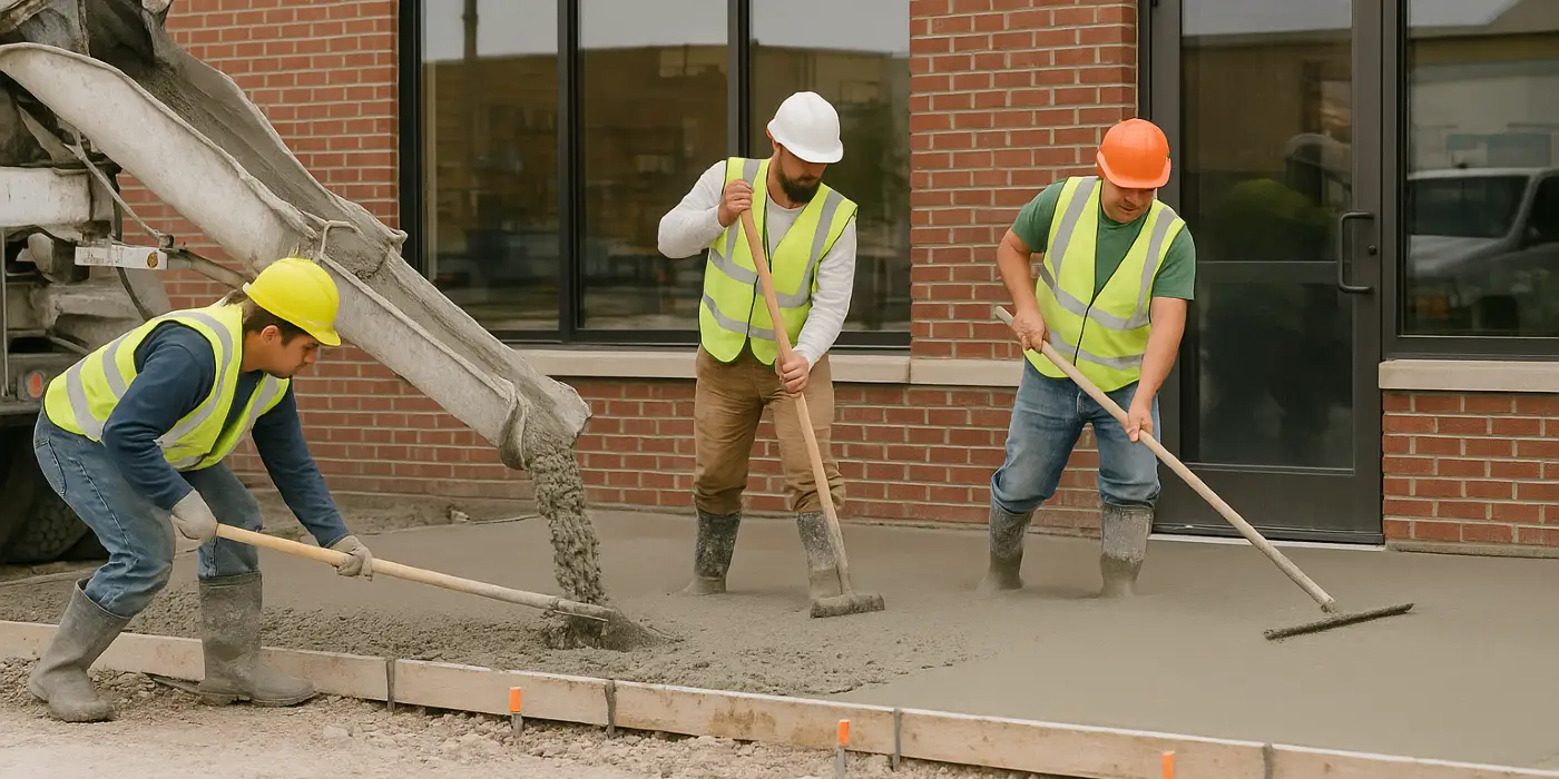 3 concrete contractors spreading concrete on the ground for a sidewalk from Houston Concrete Contractor in Houston, TX - residential concrete contractor