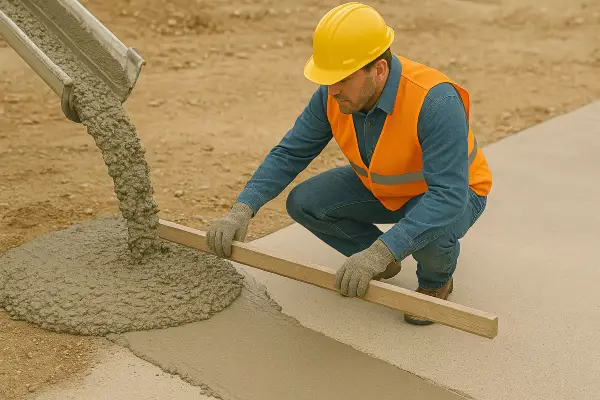 a concrete worker using a piece of wood to spread fresh cement for a sidewalk from Houston Concrete Contractor in Houston, TX - residential concrete contractor