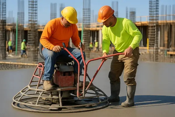 2 men using a machine to finish a concrete slab foundation from Houston Concrete Contractor in Houston, TX - stamped concrete services