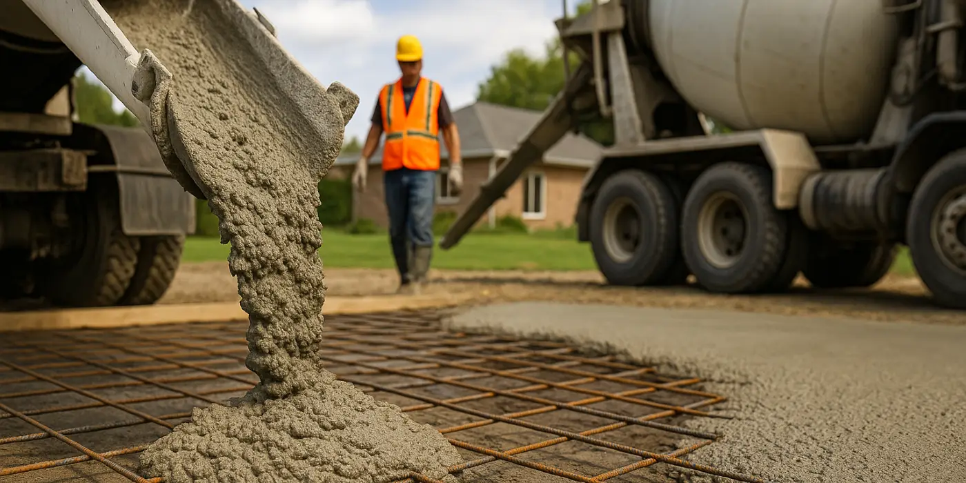 Cement truck pouring cement on a rebared ground from Houston Concrete Contractor in Sugar Land, TX - Sugar Land TX