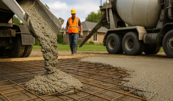 Cement truck pouring cement on a rebared ground from Houston Concrete Contractor in Sugar Land, TX - Sugar Land TX